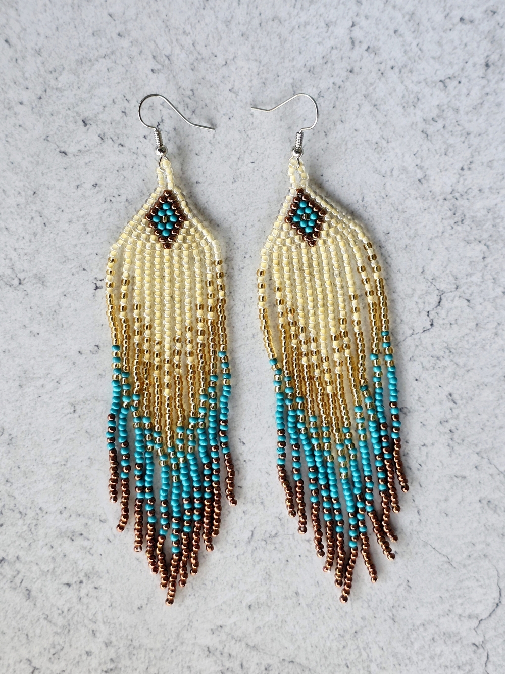 Handmade Aia Southwestern Boho Fringe Beaded Earrings - Cream Blue